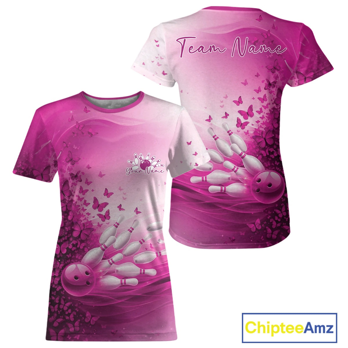 Pink bowling-themed t-shirt with butterfly design on a white background, featuring 'ChipteeAmz' branding.