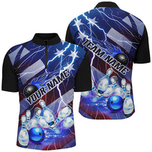 Load image into Gallery viewer, Flame Bowling Ball Blue Lightning American Flag Custom Name Bowling Team Shirts For Men And Women IPHW6678