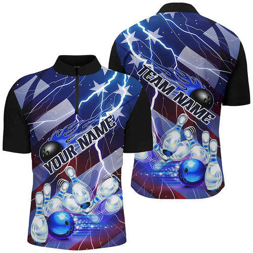 Flame Bowling Ball Blue Lightning American Flag Custom Name Bowling Team Shirts For Men And Women IPHW6678