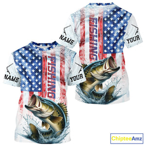 Custom Patriotic Largemouth Bass US Flag Fishing T-Shirt, Bass Fishing Jersey IPHW9198