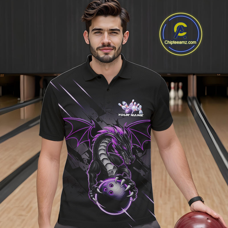 Custom Glowing Purple Dragon Bowling Team Polo Shirts For Men, Dragon Bowling Jerseys IPHW9539