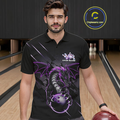 Custom Glowing Purple Dragon Bowling Team Polo Shirts For Men, Dragon Bowling Jerseys IPHW9539