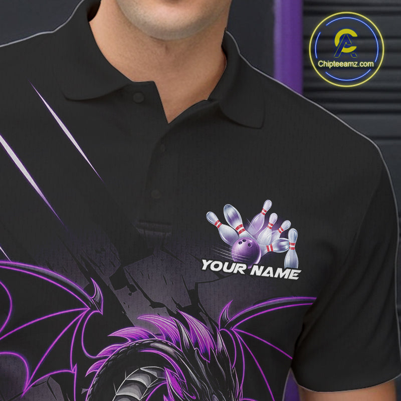 Custom Glowing Purple Dragon Bowling Team Polo Shirts For Men, Dragon Bowling Jerseys IPHW9539