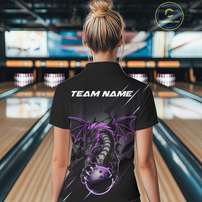 Custom Glowing Purple Dragon Bowling Team Polo Shirts For Women, Dragon Bowling Jerseys IPHW9539