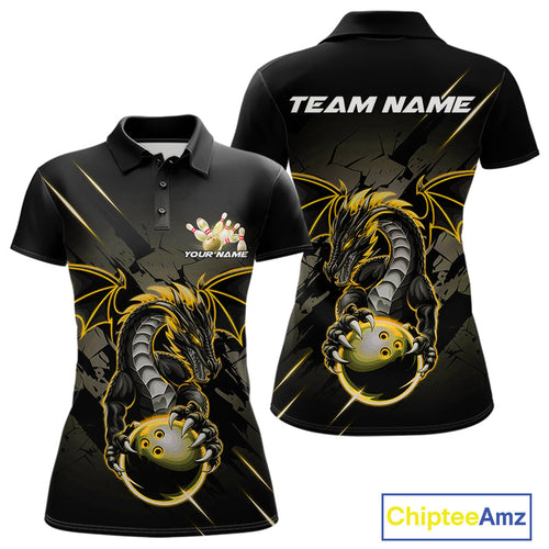 Custom Glowing Yellow Dragon Bowling Team Polo Shirts For Women, Dragon Bowling Jerseys IPHW9540