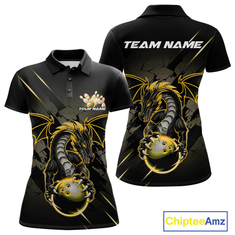 Custom Glowing Yellow Dragon Bowling Team Polo Shirts For Women, Dragon Bowling Jerseys IPHW9540