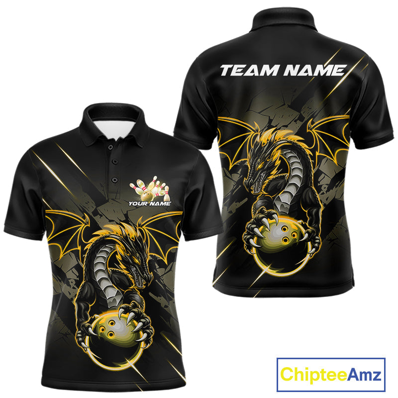 Custom Glowing Yellow Dragon Bowling Team Polo Shirts For Men, Dragon Bowling Jerseys IPHW9540