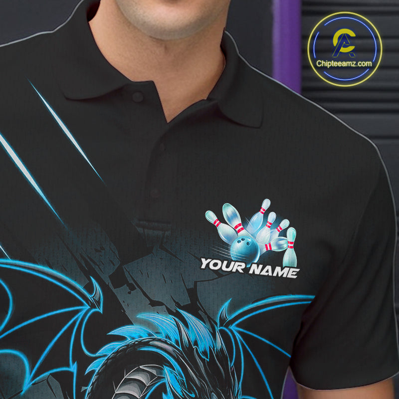 Custom Glowing Blue Dragon Bowling Team Polo Shirts For Men, Dragon Bowling Jerseys IPHW9541