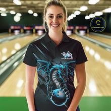 Load image into Gallery viewer, Custom Glowing Blue Dragon Bowling Team Polo Shirts For Women, Dragon Bowling Jerseys IPHW9541