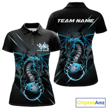 Load image into Gallery viewer, Custom Glowing Blue Dragon Bowling Team Polo Shirts For Women, Dragon Bowling Jerseys IPHW9541