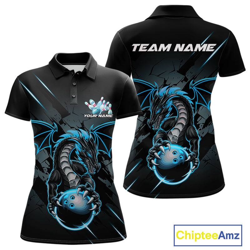Custom Glowing Blue Dragon Bowling Team Polo Shirts For Women, Dragon Bowling Jerseys IPHW9541