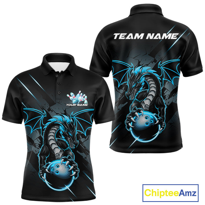 Custom Glowing Blue Dragon Bowling Team Polo Shirts For Men, Dragon Bowling Jerseys IPHW9541