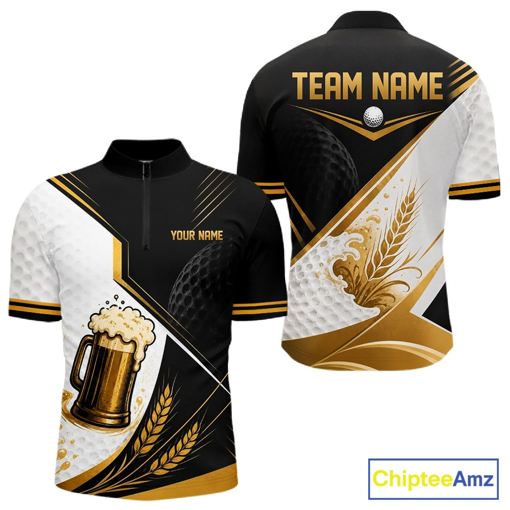 Custom Black And Gold Golf And Beer Golf Team Men Quarter Zip Shirt, Golf Apparel IPHW11671