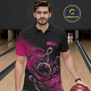 Custom Black And Pink Flame Bowling Polo Shirts For Men, Team Bowling League Shirt IPHW9777