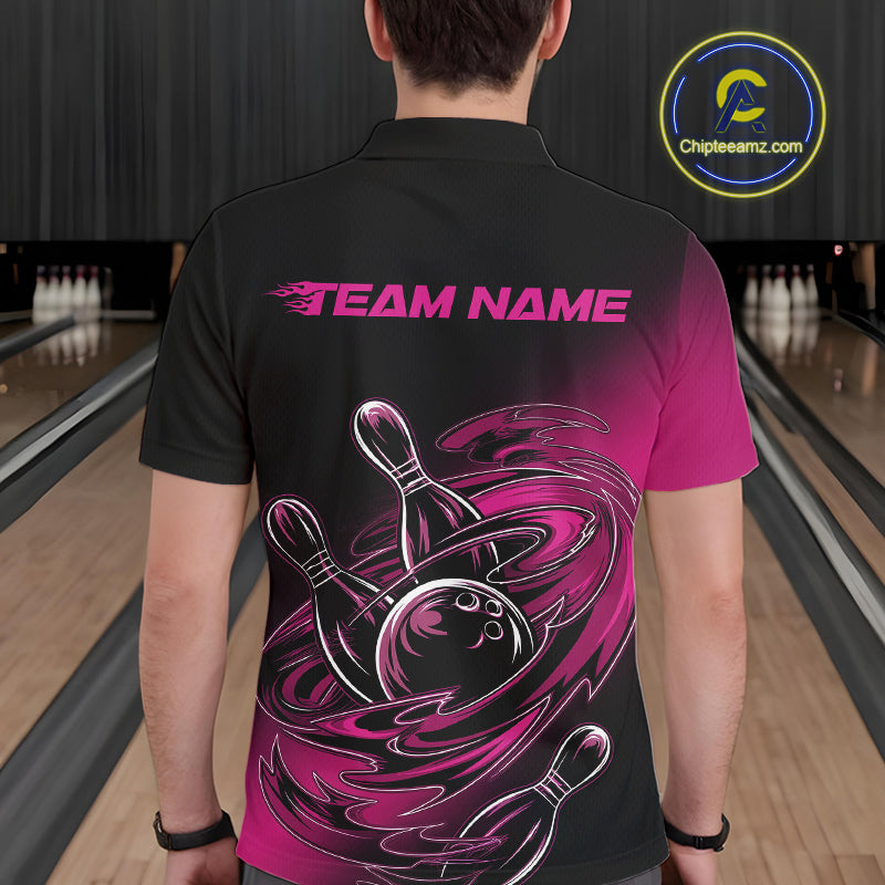 Custom Black And Pink Flame Bowling Polo Shirts For Men, Team Bowling League Shirt IPHW9777
