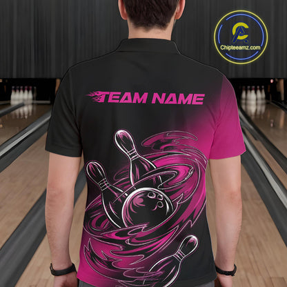 Custom Black And Pink Flame Bowling Polo Shirts For Men, Team Bowling League Shirt IPHW9777