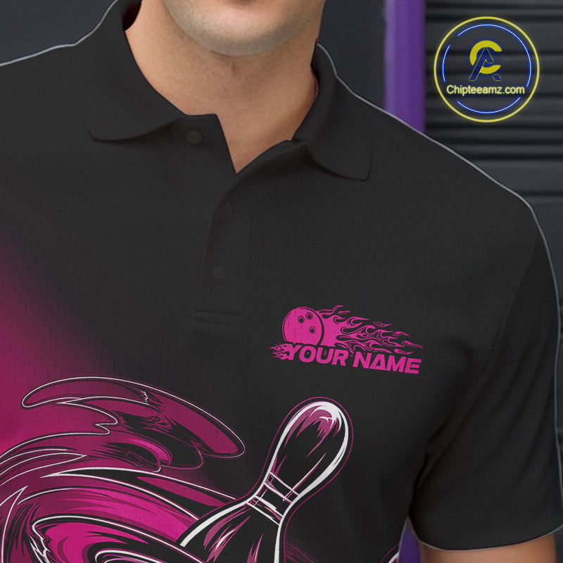 Custom Black And Pink Flame Bowling Polo Shirts For Men, Team Bowling League Shirt IPHW9777
