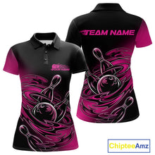 Load image into Gallery viewer, Custom Black And Pink Flame Bowling Polo Shirts For Women, Team Bowling League Shirt IPHW9777