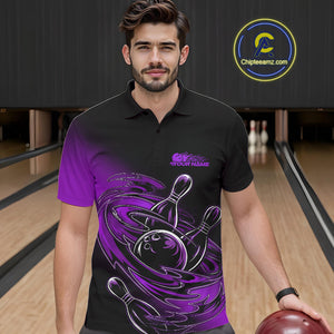 Custom Black And Purple Flame Bowling Polo Shirts For Men, Team Bowling League Shirt IPHW9778