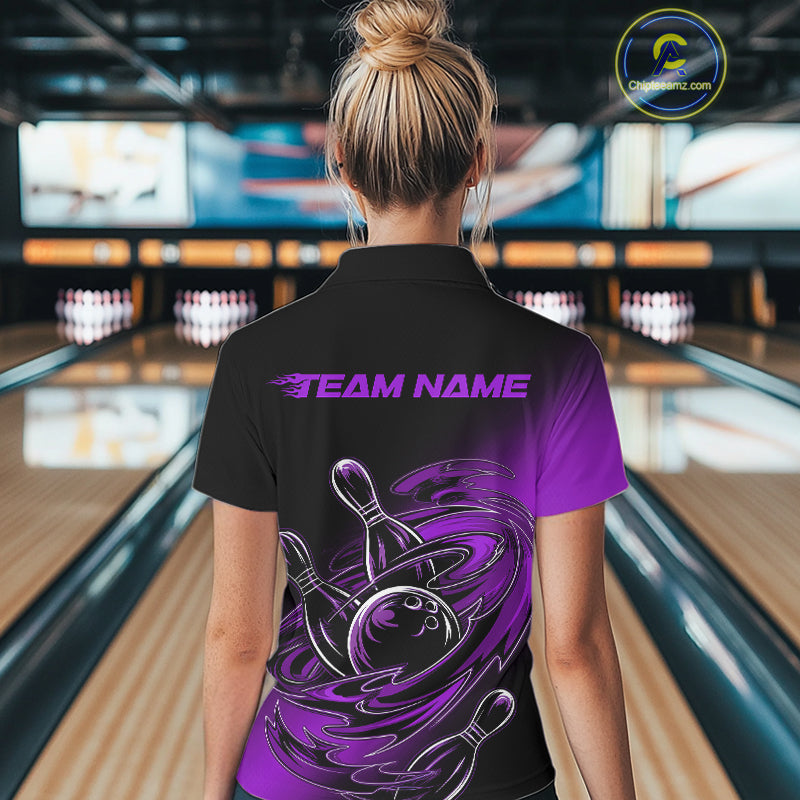 Custom Black And Purple Flame Bowling Polo Shirts For Women, Team Bowling League Shirt IPHW9778