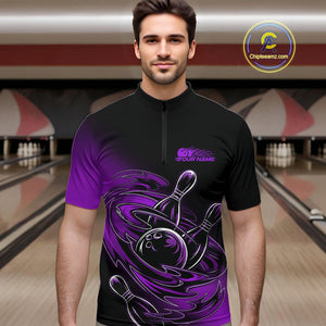 Custom Black And Purple Flame Bowling Quarter-Zip Shirts For Men, Team Bowling League Shirt IPHW9778