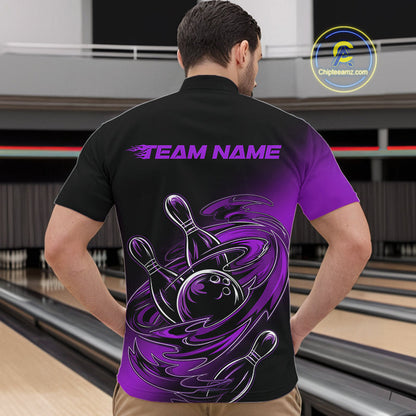 Custom Black And Purple Flame Bowling Quarter-Zip Shirts For Men, Team Bowling League Shirt IPHW9778
