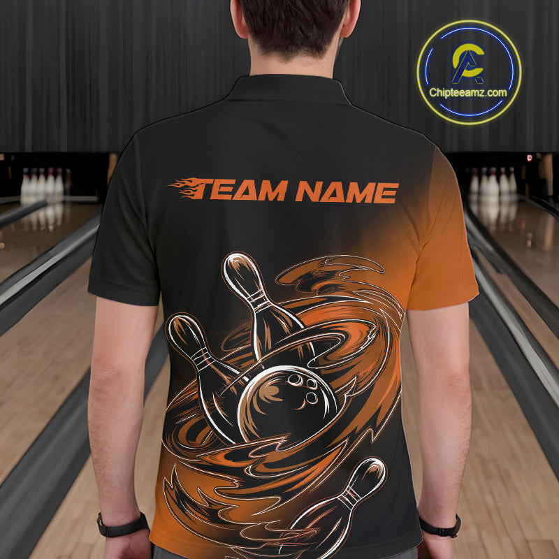 Custom Black And Orange Flame Bowling Polo Shirts For Men, Team Bowling League Shirt IPHW9779