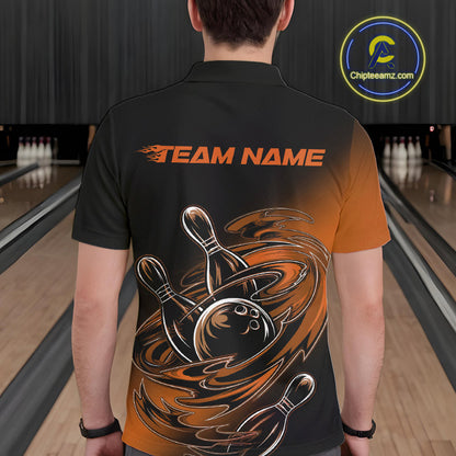Custom Black And Orange Flame Bowling Polo Shirts For Men, Team Bowling League Shirt IPHW9779