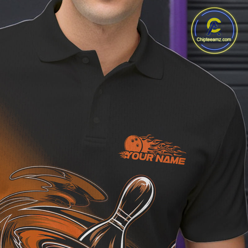 Custom Black And Orange Flame Bowling Polo Shirts For Men, Team Bowling League Shirt IPHW9779