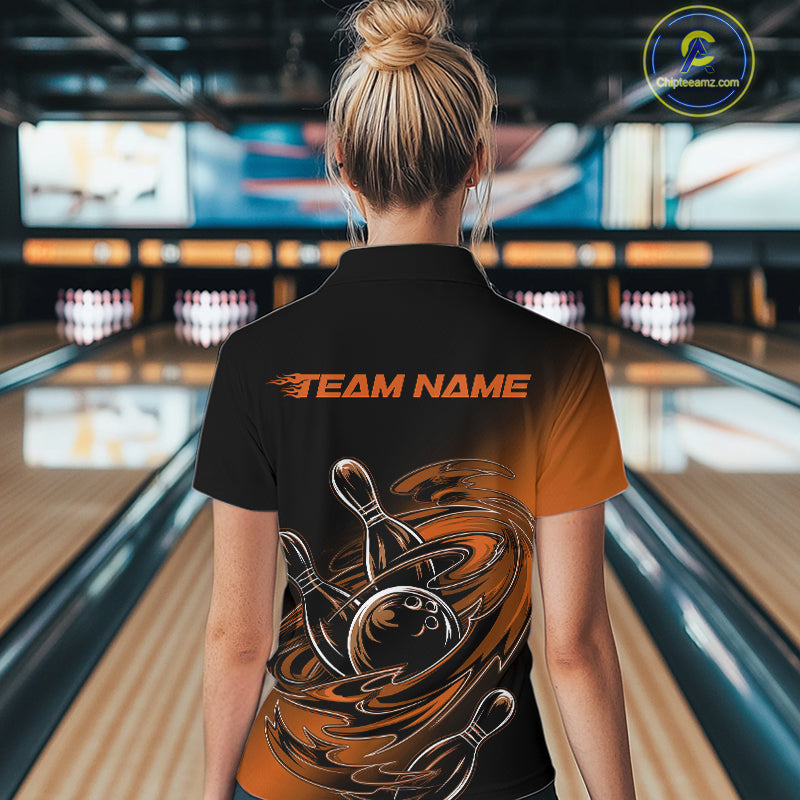 Custom Black And Orange Flame Bowling Women Quarter-Zip Shirts, Team Bowling League Shirt IPHW9779