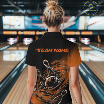Custom Black And Orange Flame Bowling Women Quarter-Zip Shirts, Team Bowling League Shirt IPHW9779
