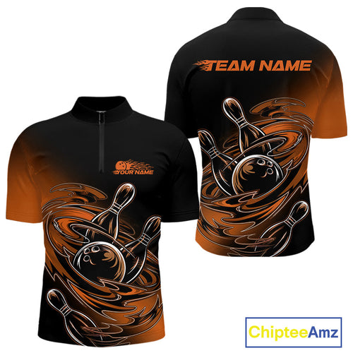 Custom Black And Orange Flame Bowling Quarter-Zip Shirts For Men, Team Bowling League Shirt IPHW9779