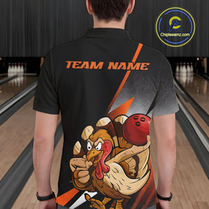 Custom Funny Orange Turkey Bowling Team Men Polo Shirts, Thanksgiving Bowling Shirt IPHW9783