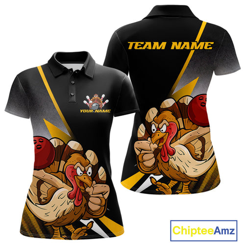 Custom Funny Yellow Turkey Bowling Team Women Polo Shirts, Thanksgiving Bowling Shirt IPHW9784