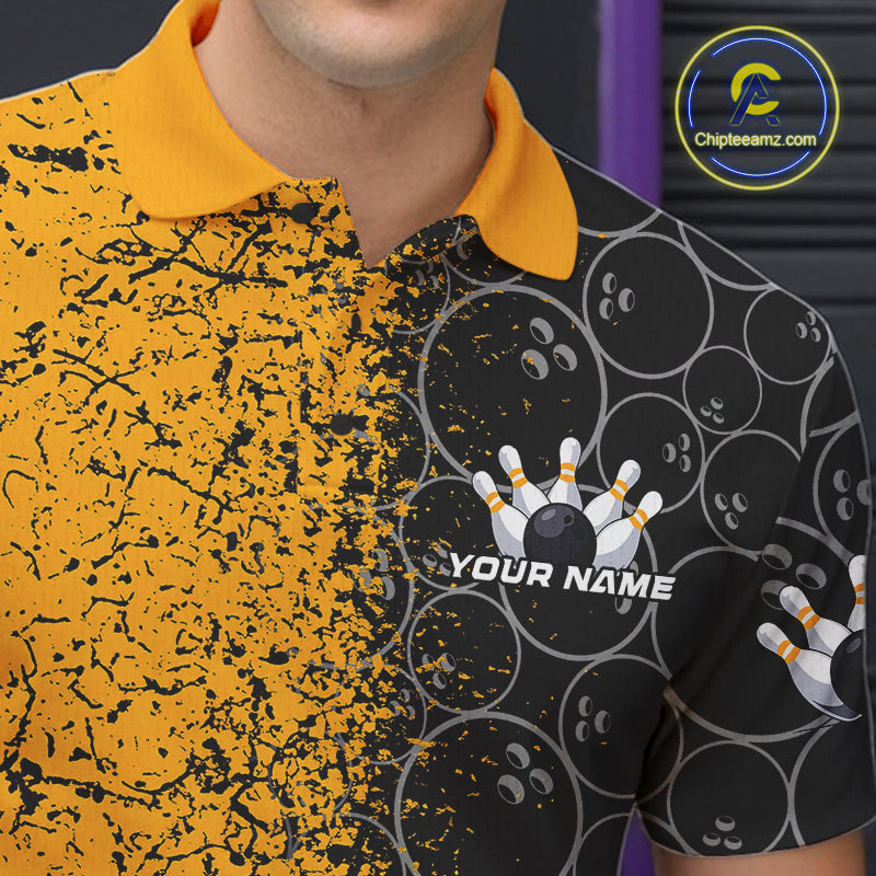 Custom Black And Yellow Splatter Bowling Ball Pattern Bowling Team Polo Shirts For Men IPHW9788