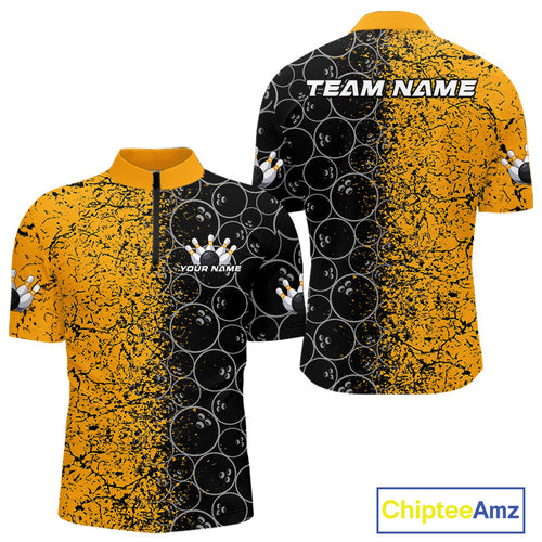 Custom Black And Yellow Splatter Bowling Ball Pattern Bowling Team Quarter-Zip Shirts For Men IPHW9788