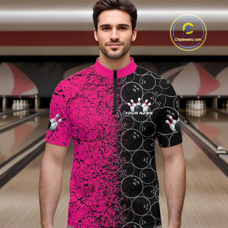 Custom Black And Pink Splatter Bowling Ball Pattern Bowling Team Quarter-Zip Shirts For Men IPHW9789