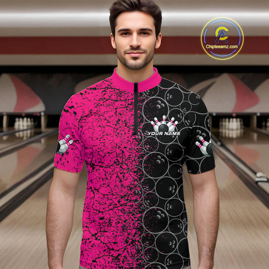 Custom Black And Pink Splatter Bowling Ball Pattern Bowling Team Quarter-Zip Shirts For Men IPHW9789