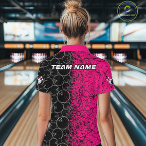 Custom Black And Pink Splatter Bowling Ball Pattern Bowling Team Women Quarter-Zip Shirts IPHW9789