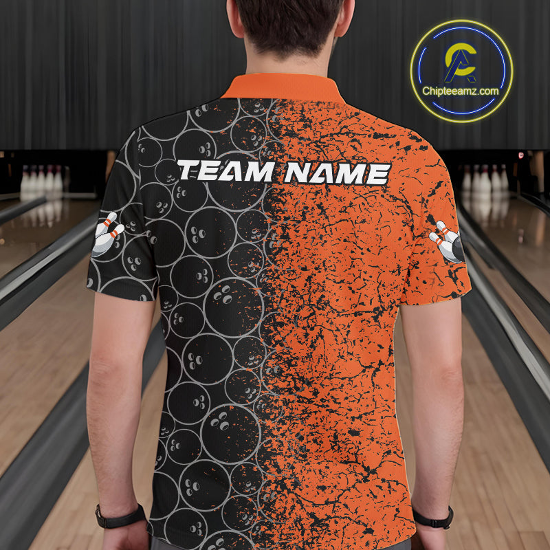 Custom Black And Orange Splatter Bowling Ball Pattern Bowling Team Polo Shirts For Men IPHW9791