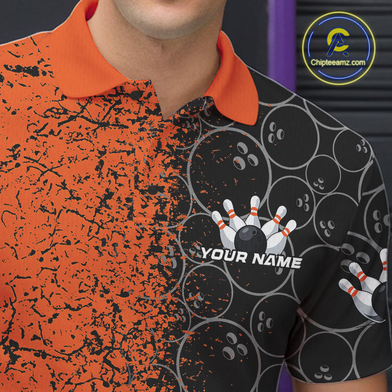Custom Black And Orange Splatter Bowling Ball Pattern Bowling Team Polo Shirts For Men IPHW9791