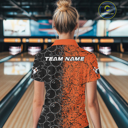 Custom Black And Orange Splatter Bowling Ball Pattern Bowling Team Polo Shirts For Women IPHW9791