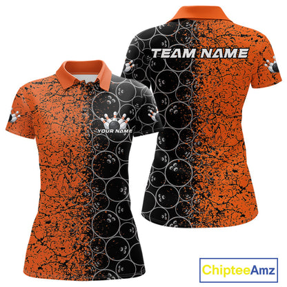 Custom Black And Orange Splatter Bowling Ball Pattern Bowling Team Polo Shirts For Women IPHW9791