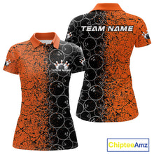Load image into Gallery viewer, Custom Black And Orange Splatter Bowling Ball Pattern Bowling Team Polo Shirts For Women IPHW9791