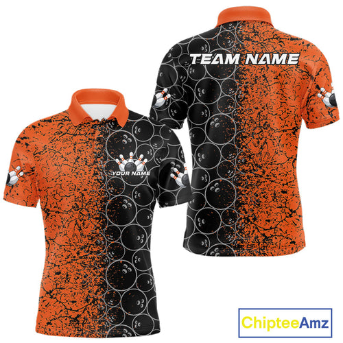 Custom Black And Orange Splatter Bowling Ball Pattern Bowling Team Polo Shirts For Men IPHW9791