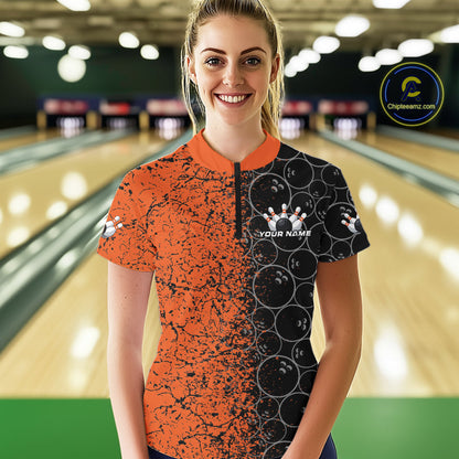 Custom Black And Orange Bowling Ball Pattern Bowling Team Women Quarter-Zip Shirts IPHW9791