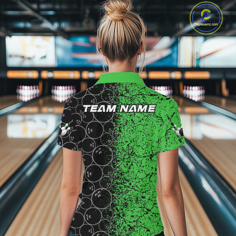 Custom Black And Green Splatter Bowling Ball Pattern Bowling Team Women Quarter-Zip Shirt IPHW9792