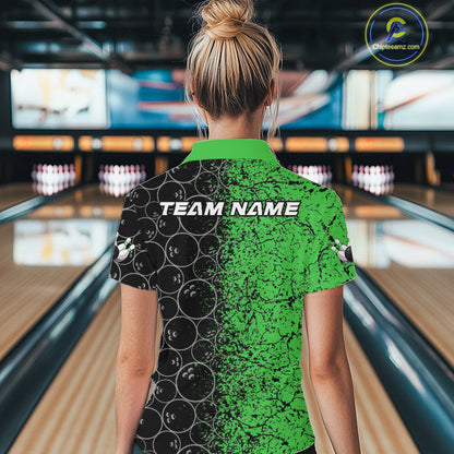 Custom Black And Green Splatter Bowling Ball Pattern Bowling Team Women Quarter-Zip Shirt IPHW9792