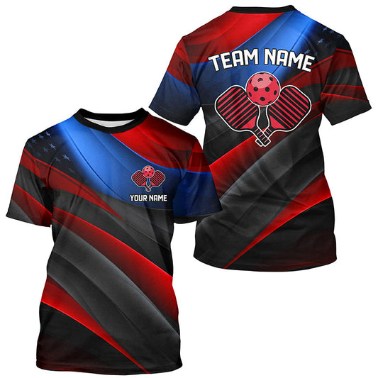 Black, Red And Blue US Flag Custom Patriotic Pickleball T-Shirts For Men, Pickleball Team Shirts IPHW7756