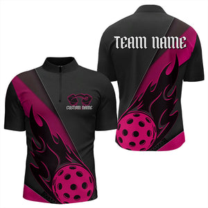 Black And Pink Custom Flame Pickleball Quarter-Zip Shirts For Men, Unisex Pickleball Team Shirts IPHW7760